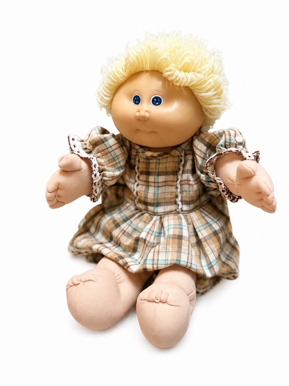 Vintage 1982 Cabbage Patch Kids Blonde Yarn Hair Soft Body Doll Plaid Dress